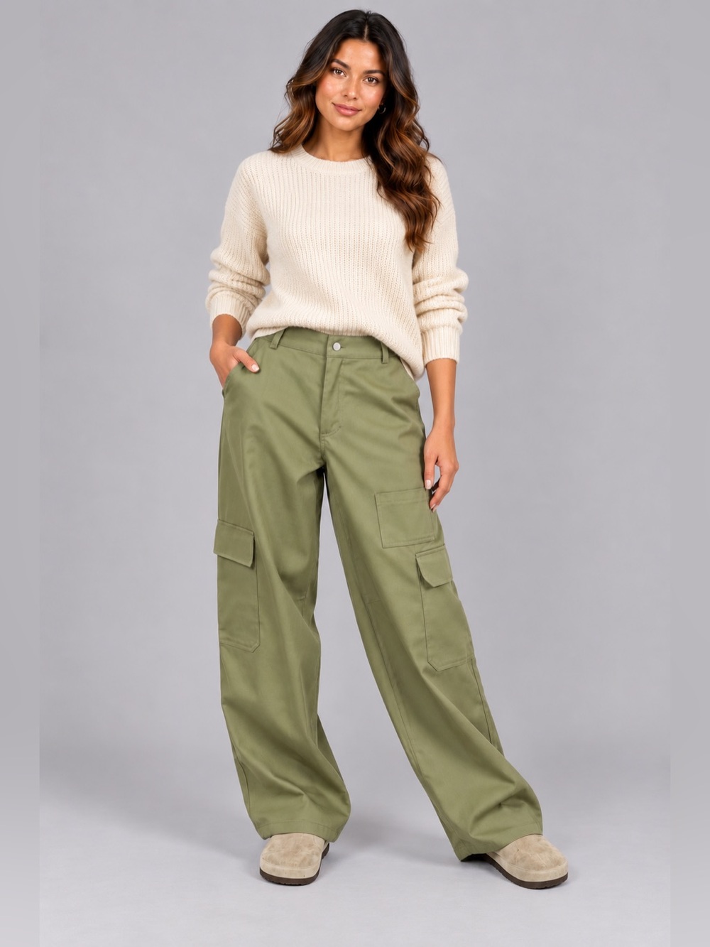 Mandalay & Co. Olive Green Wide Leg Cargo Pants High Waist Pocket Relaxed Trouse